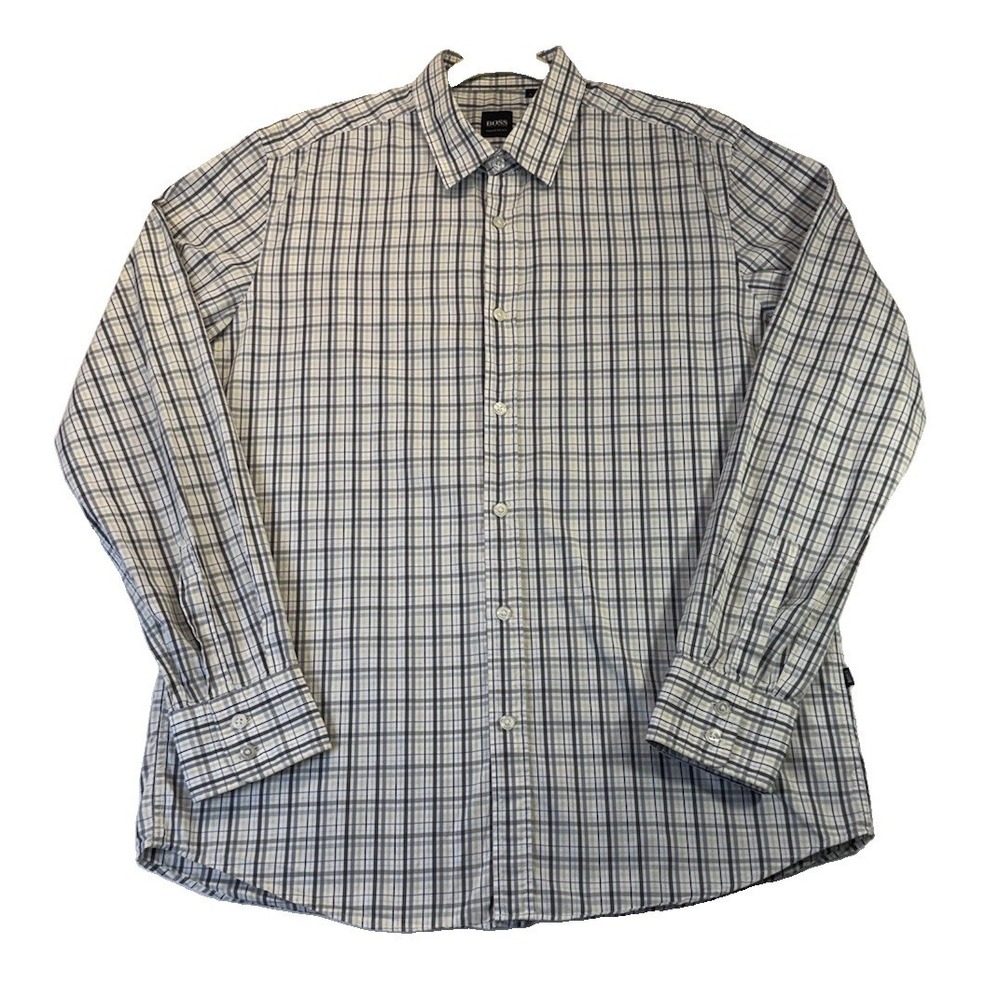 Men's Hugo Boss Long Sleeve Button Up Shirt large Plaid Relaxed Fit